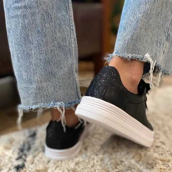 Black Vegan Leather White Platform Lace Up Sneakers with Black Glitter - Picture 4 of 9